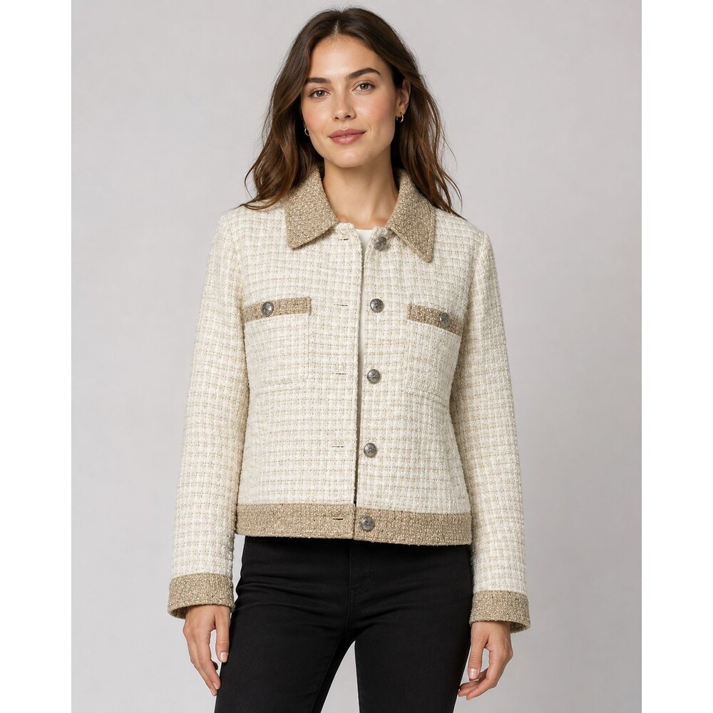 Chico’s Contrast Tweed Jacket Ivory Beige Metallic Button Size L NWT